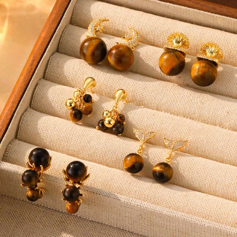 WORN WITHIN Tiger Eye Round Bead Fish Tail Irregular Design Protection Earrings