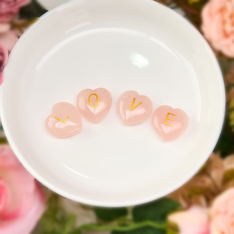 WORN WITHIN 4Pcs Love & Comfort Heart Pattern Natural Rose Quartz Healing Crystal Stone Decor