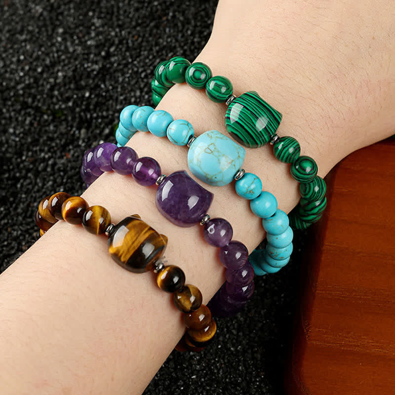 WORN WITHIN Cute Cat Design Blue Lace Agate Clear Quartz Beaded Bracelet