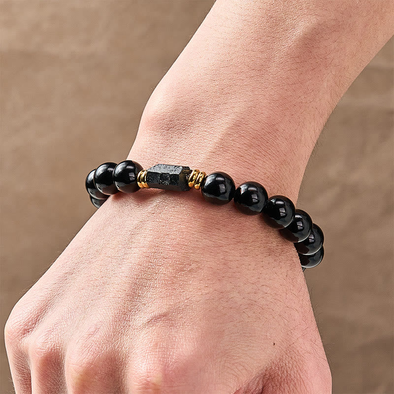 WORN WITHIN Black Obsidian Black Tourmaline Protection Minimalist Round Bead Bracelet