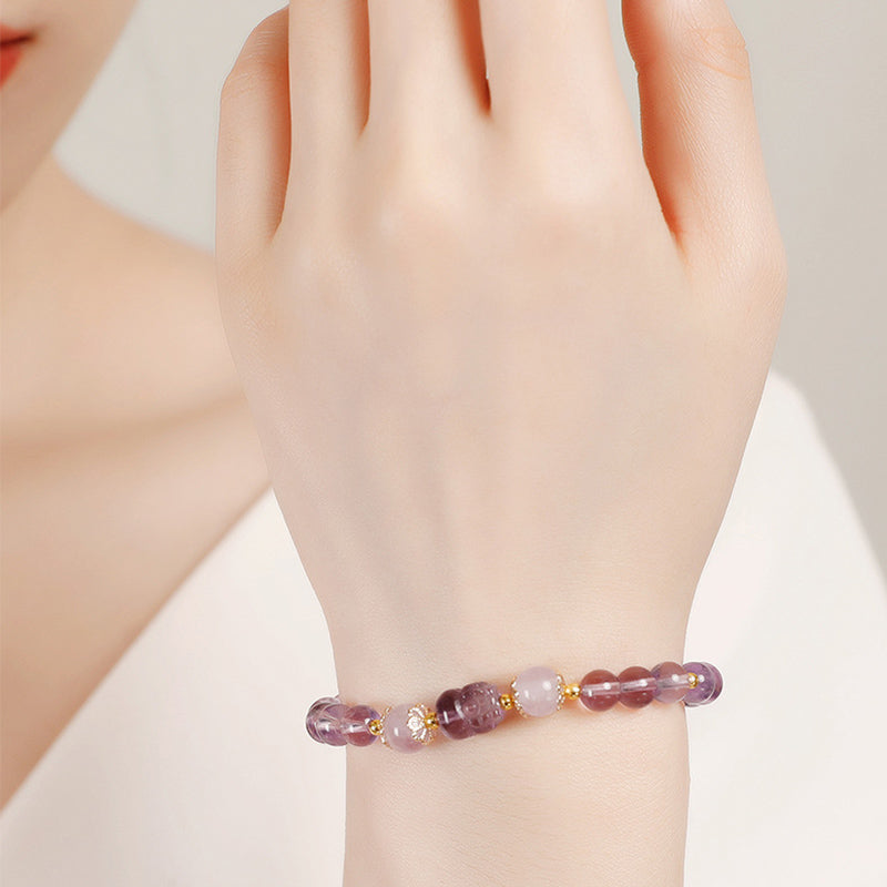 WORN WITHIN Aquamarine Strawberry Quartz Amethyst Moonstone PiXiu Healing Bracelet