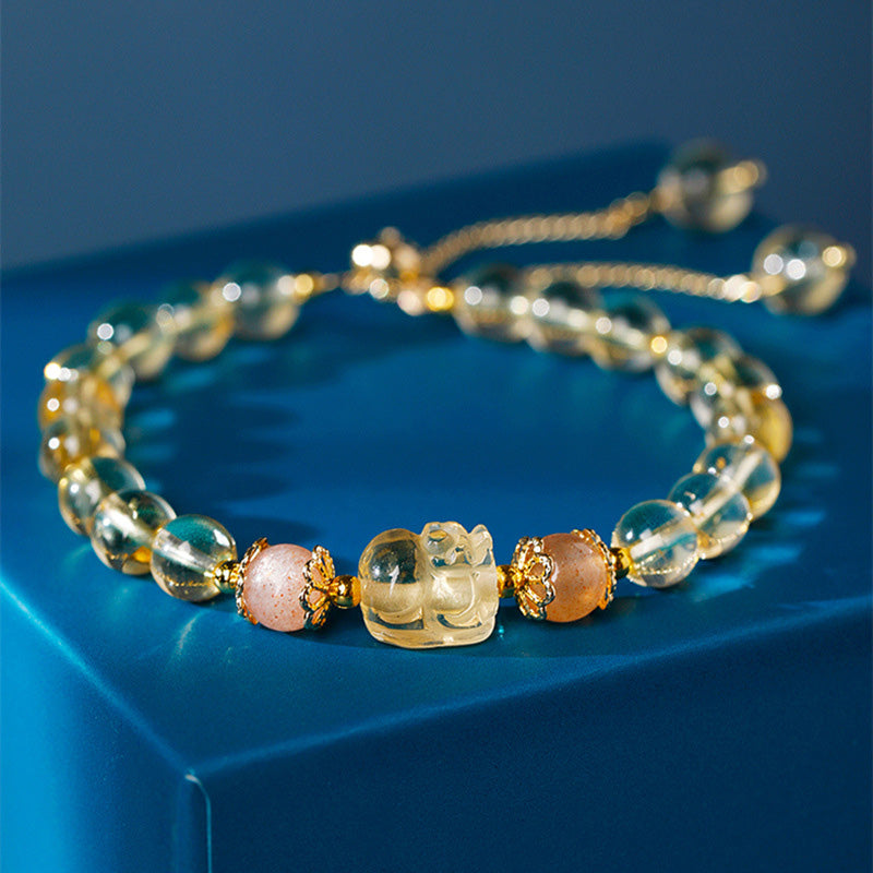 WORN WITHIN Aquamarine Strawberry Quartz Amethyst Moonstone PiXiu Healing Bracelet
