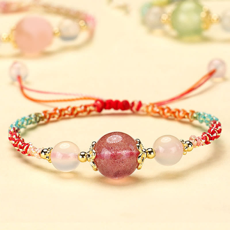 WORN WITHIN Strawberry Quartz Pink Crystal Prehnite White Agate Bead Healing Rope Bracelet