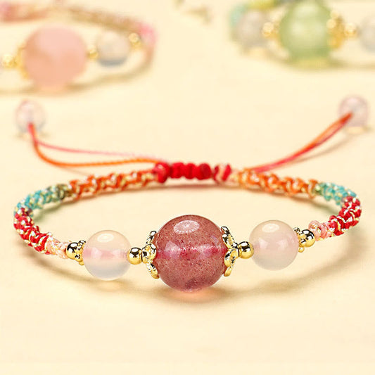 WORN WITHIN Strawberry Quartz Pink Crystal Prehnite White Agate Bead Healing Rope Bracelet