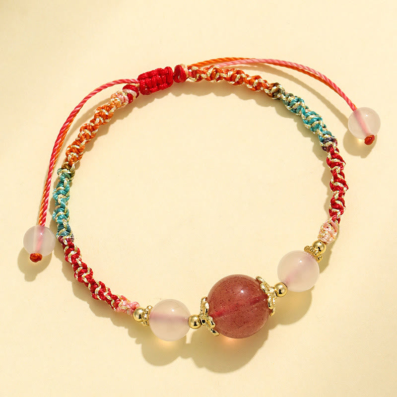 WORN WITHIN Strawberry Quartz Pink Crystal Prehnite White Agate Bead Healing Rope Bracelet