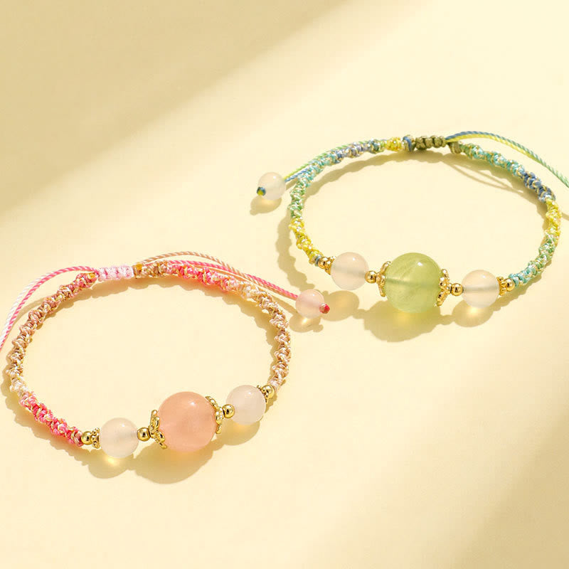 WORN WITHIN Strawberry Quartz Pink Crystal Prehnite White Agate Bead Healing Rope Bracelet