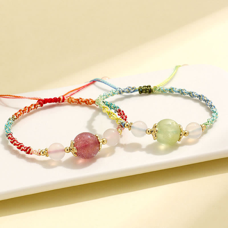 WORN WITHIN Strawberry Quartz Pink Crystal Prehnite White Agate Bead Healing Rope Bracelet