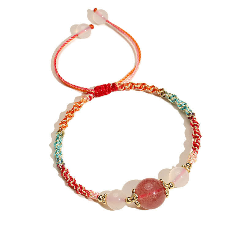 WORN WITHIN Strawberry Quartz Pink Crystal Prehnite White Agate Bead Healing Rope Bracelet