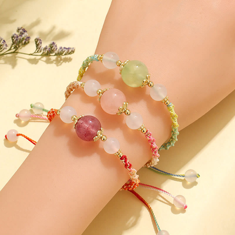 WORN WITHIN Strawberry Quartz Pink Crystal Prehnite White Agate Bead Healing Rope Bracelet