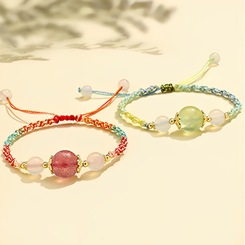 WORN WITHIN Strawberry Quartz Pink Crystal Prehnite White Agate Bead Healing Rope Bracelet