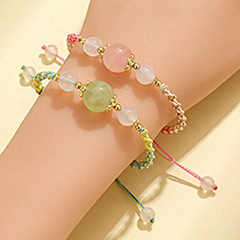 WORN WITHIN Strawberry Quartz Pink Crystal Prehnite White Agate Bead Healing Rope Bracelet