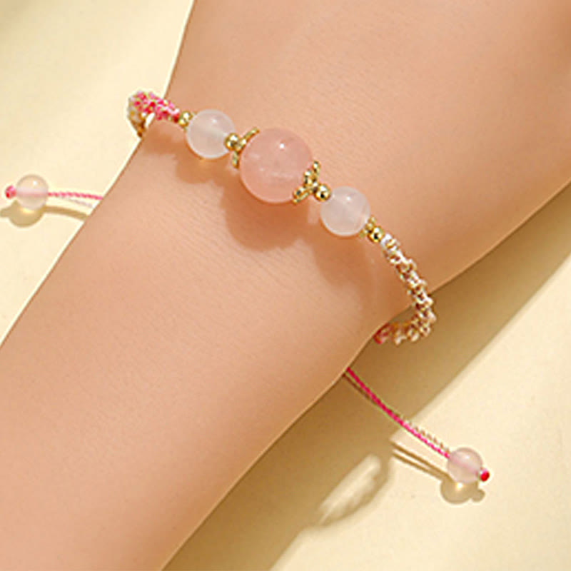 WORN WITHIN Strawberry Quartz Pink Crystal Prehnite White Agate Bead Healing Rope Bracelet