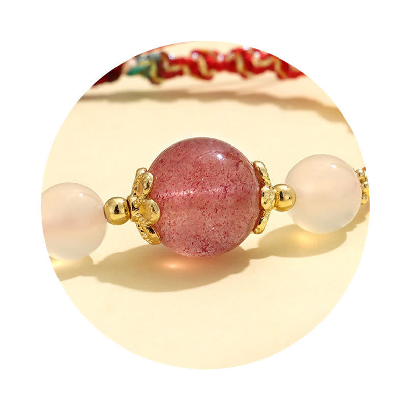 WORN WITHIN Strawberry Quartz Pink Crystal Prehnite White Agate Bead Healing Rope Bracelet