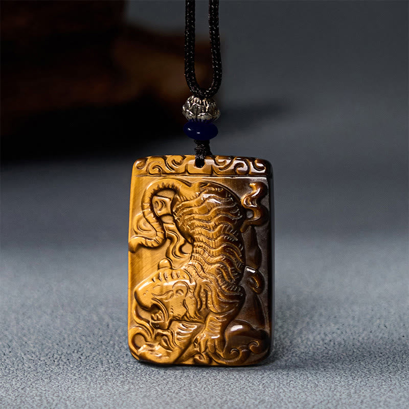Buddha Stones Natural Tiger Eye Square Tiger Pattern Protection Rope Necklace Pendant