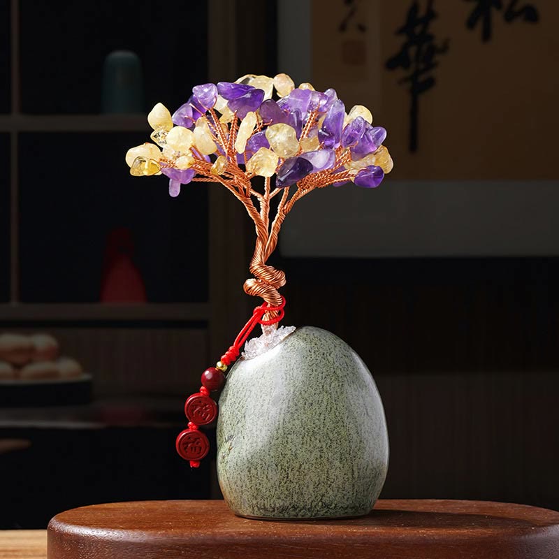 WORN WITHIN Citrine Amethyst Green Aventurine Crystal Tree Ceramic Base Prosperity Home Decoration