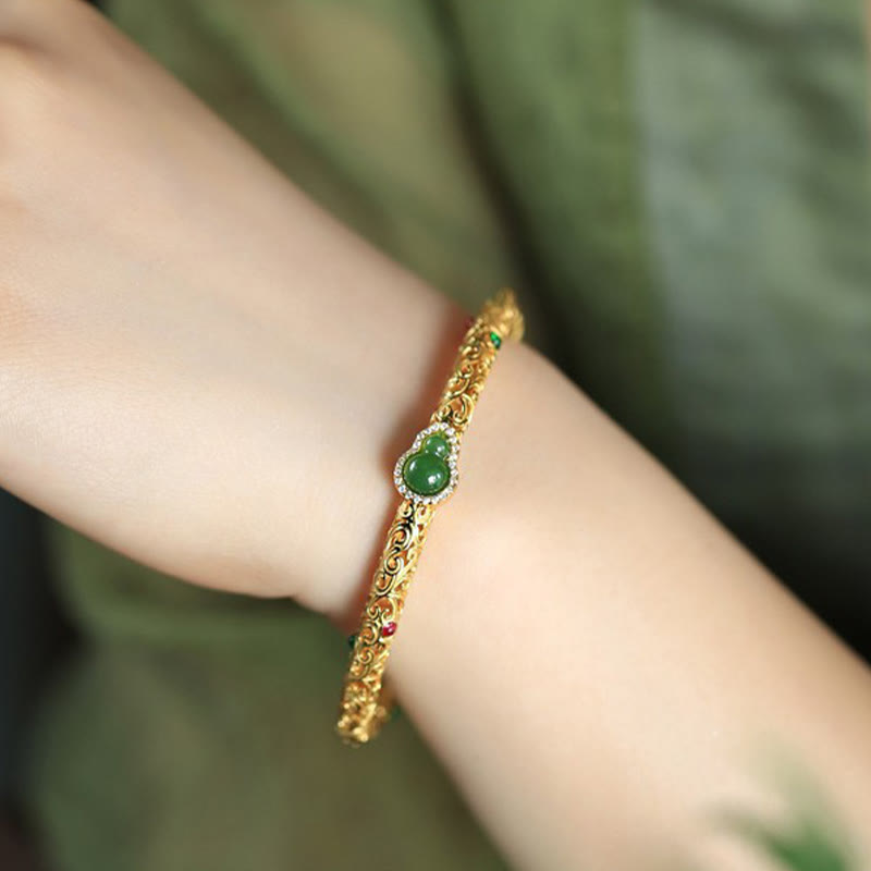 Buddha Stones "Sending Health and Good Fortune" Cyan Jade Copper Bangle Includes Gift Message Card