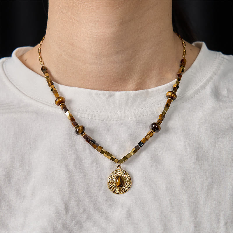 WORN WITHIN Natural Tiger Eye Square Protection Titanium Steel Necklace Pendant