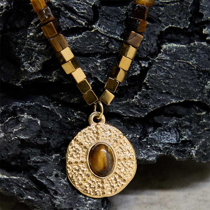 WORN WITHIN Natural Tiger Eye Square Protection Titanium Steel Necklace Pendant
