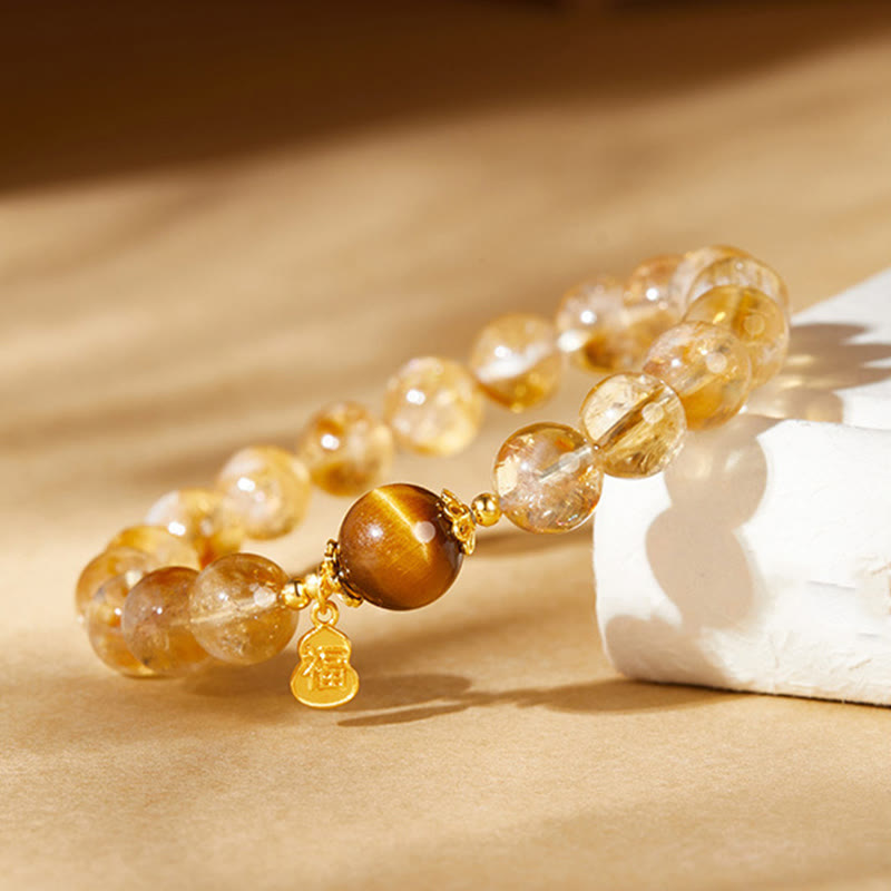 WORN WITHIN 925 Sterling Silver Gourd Fu Character Citrine Tiger Eye Prosperity Bracelet