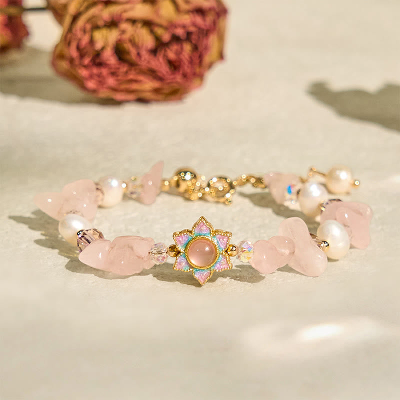 WORN WITHIN Natural Gravel Rose Quartz Flower Pearl Healing Bracelet