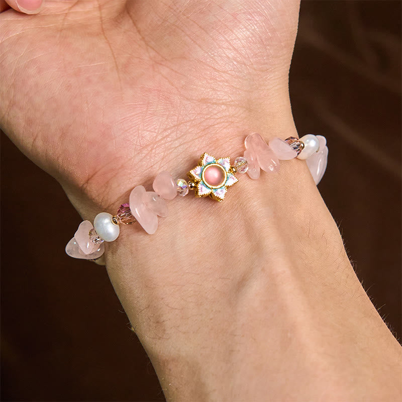 WORN WITHIN Natural Gravel Rose Quartz Flower Pearl Healing Bracelet