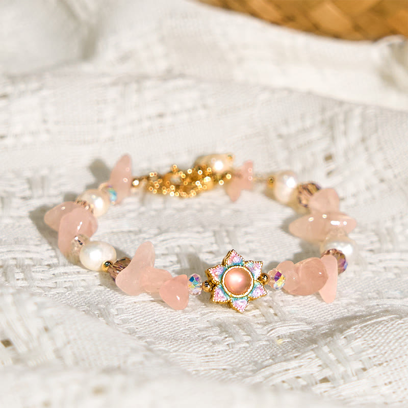 WORN WITHIN Natural Gravel Rose Quartz Flower Pearl Healing Bracelet