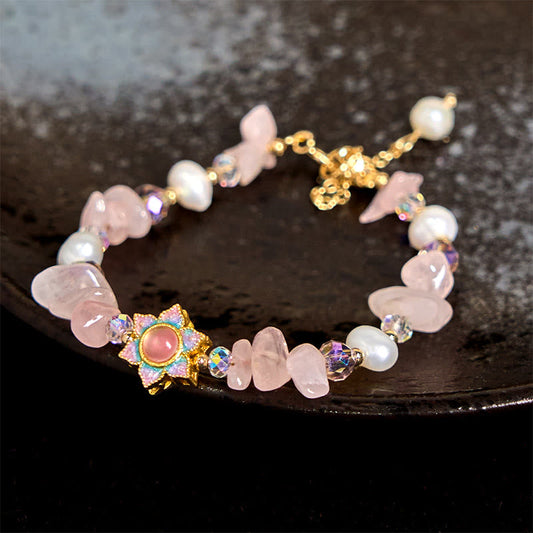 WORN WITHIN Natural Gravel Rose Quartz Flower Pearl Healing Bracelet