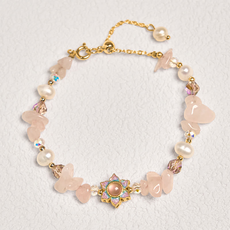 WORN WITHIN Natural Gravel Rose Quartz Flower Pearl Healing Bracelet