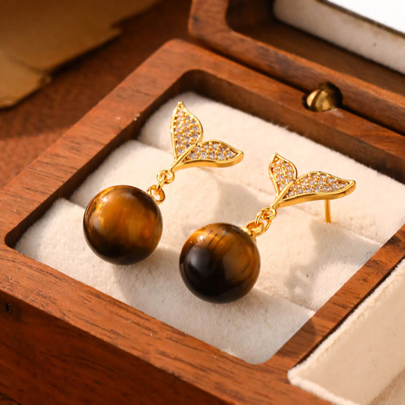 WORN WITHIN Tiger Eye Round Bead Fish Tail Irregular Design Protection Earrings