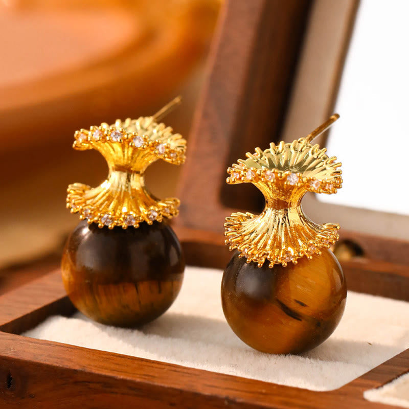 WORN WITHIN Tiger Eye Round Bead Fish Tail Irregular Design Protection Earrings