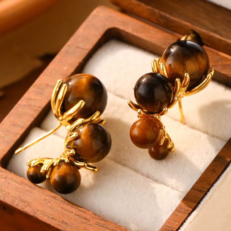 WORN WITHIN Tiger Eye Round Bead Fish Tail Irregular Design Protection Earrings