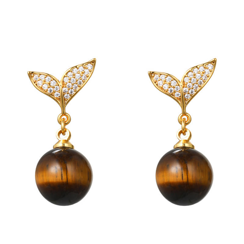 WORN WITHIN Tiger Eye Round Bead Fish Tail Irregular Design Protection Earrings