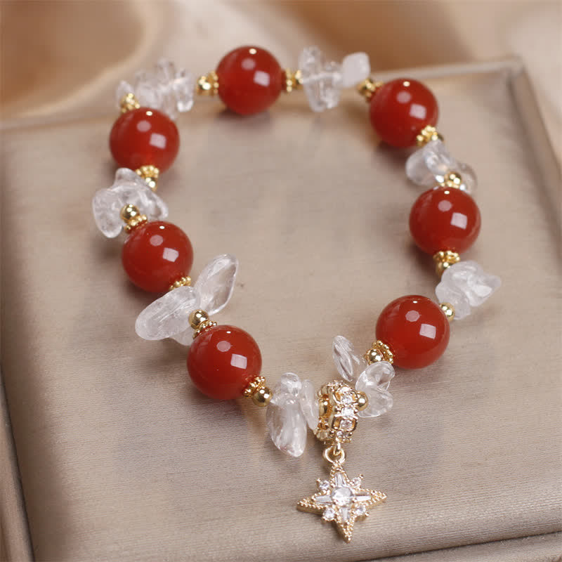 Buddha Stones Natural Red Agate Clear Quartz Hexagram Charm Confidence Bracelet