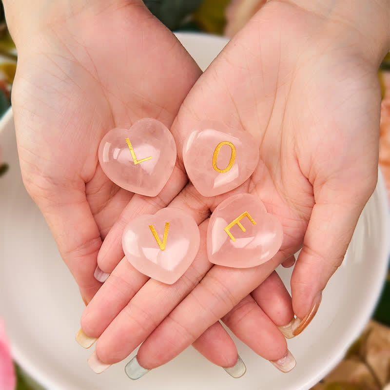 WORN WITHIN 4Pcs Love & Comfort Heart Pattern Natural Rose Quartz Healing Crystal Stone Decor