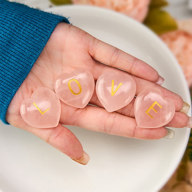 WORN WITHIN 4Pcs Love & Comfort Heart Pattern Natural Rose Quartz Healing Crystal Stone Decor