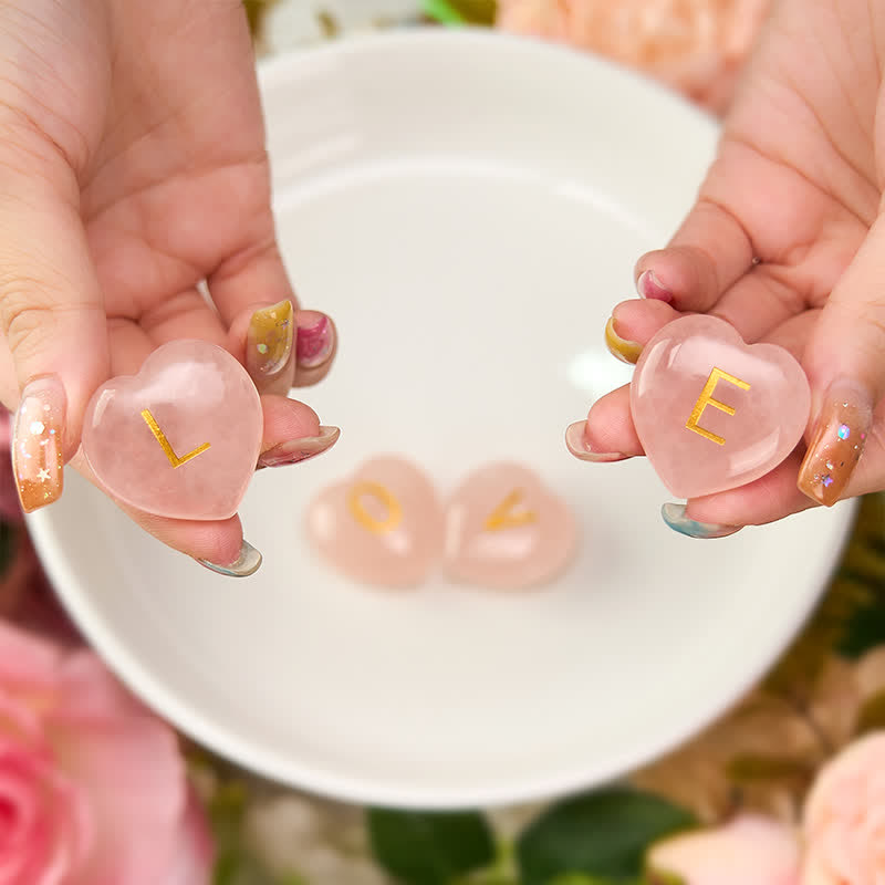 WORN WITHIN 4Pcs Love & Comfort Heart Pattern Natural Rose Quartz Healing Crystal Stone Decor