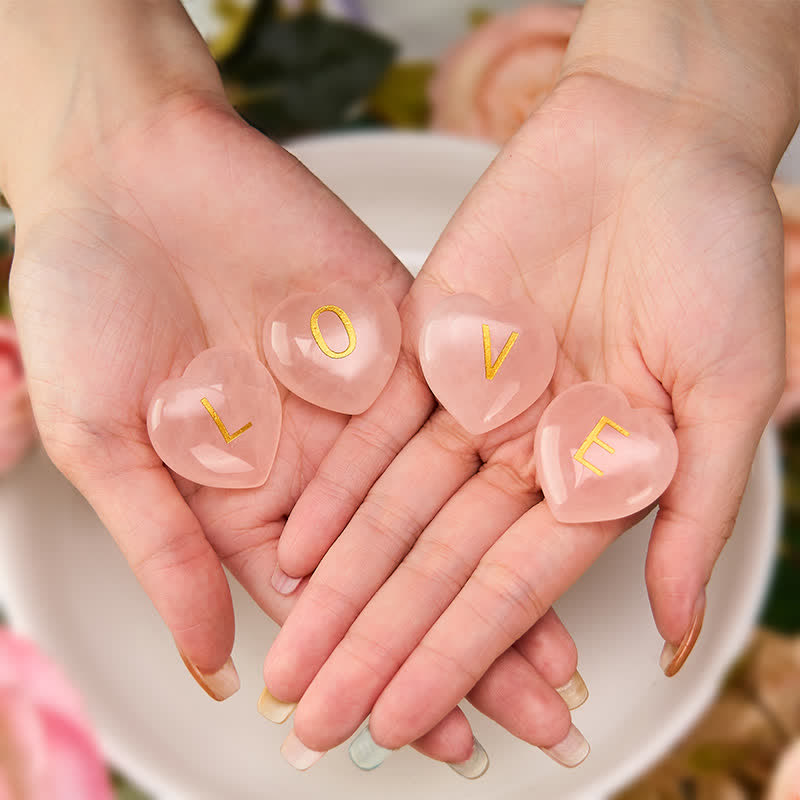 WORN WITHIN 4Pcs Love & Comfort Heart Pattern Natural Rose Quartz Healing Crystal Stone Decor
