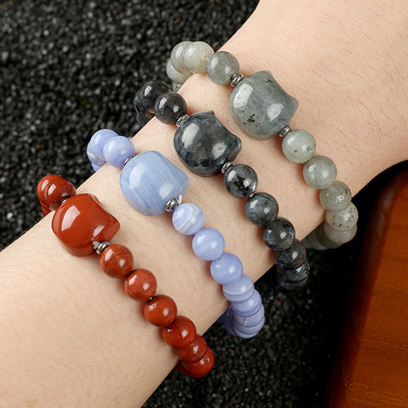 WORN WITHIN Cute Cat Design Blue Lace Agate Clear Quartz  Beaded Bracelet