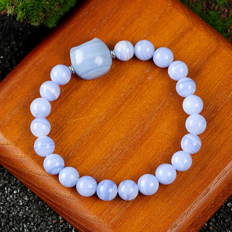 WORN WITHIN Cute Cat Design Blue Lace Agate Clear Quartz  Beaded Bracelet