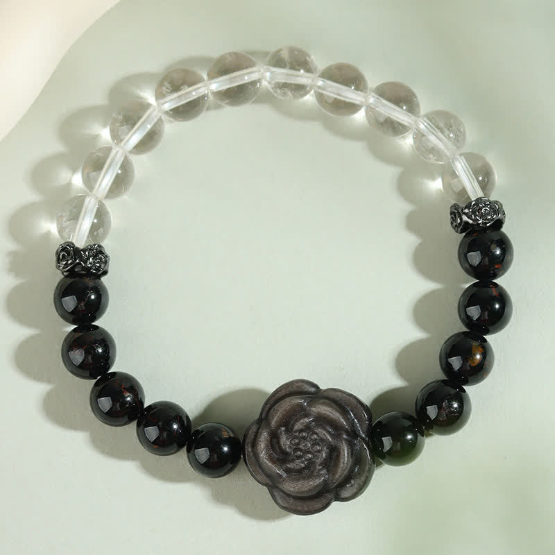 Buddha Stones Black Tourmaline Clear Quartz Carved Rose Flower Design Focus Bracelet