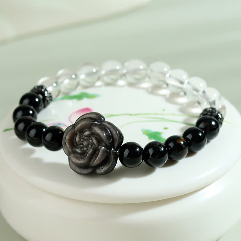 Buddha Stones Black Tourmaline Clear Quartz Carved Rose Flower Design Focus Bracelet