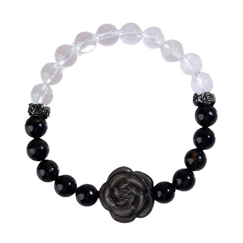 Buddha Stones Black Tourmaline Clear Quartz Carved Rose Flower Design Focus Bracelet
