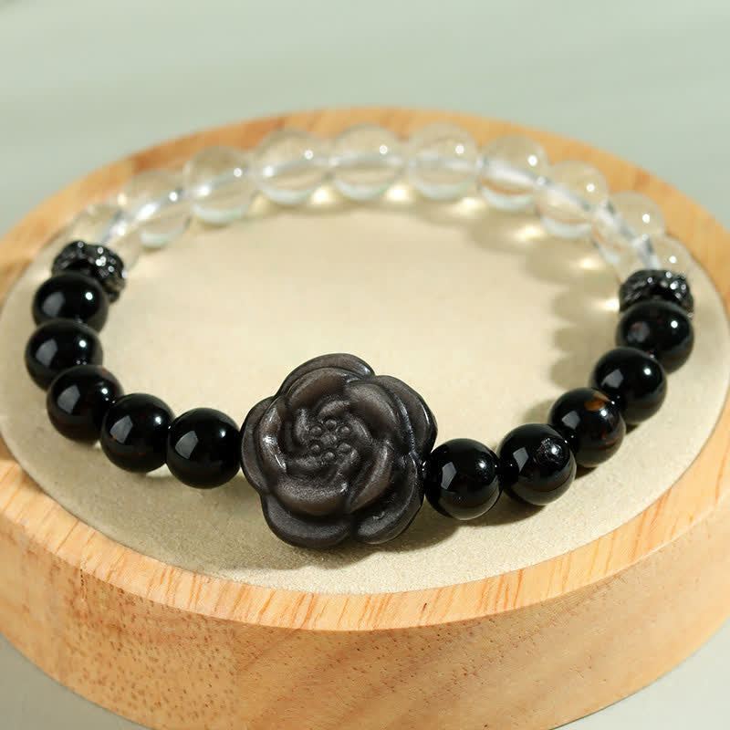 Buddha Stones Black Tourmaline Clear Quartz Carved Rose Flower Design Focus Bracelet