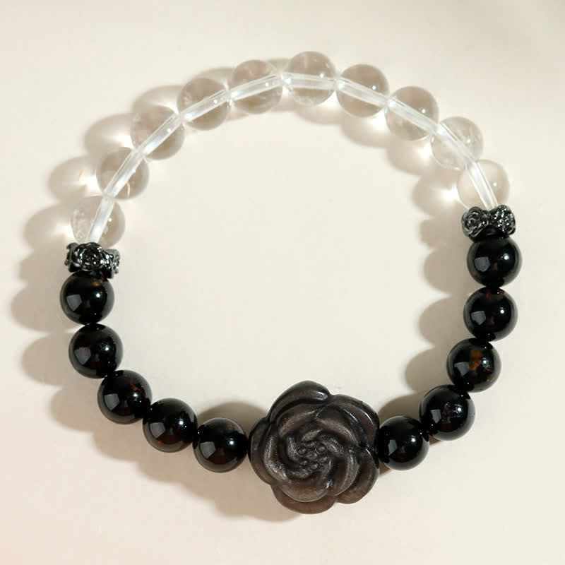 Buddha Stones Black Tourmaline Clear Quartz Carved Rose Flower Design Focus Bracelet