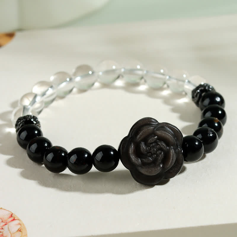 Buddha Stones Black Tourmaline Clear Quartz Carved Rose Flower Design Focus Bracelet