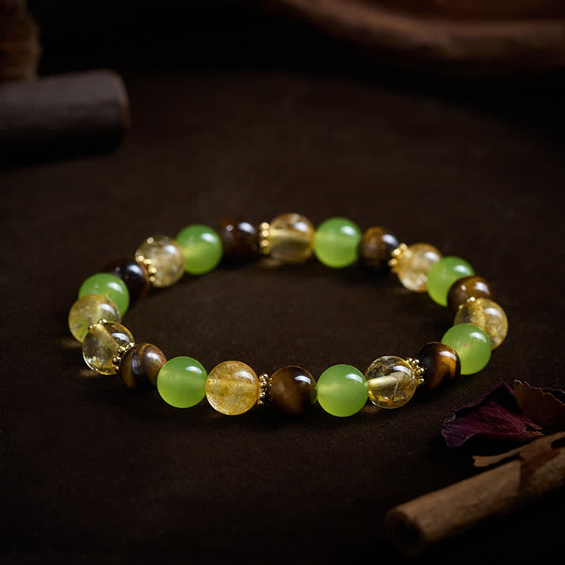 Buddha Stones Natural Citrine Tiger Eye Green Jade Prosperity Bracelet