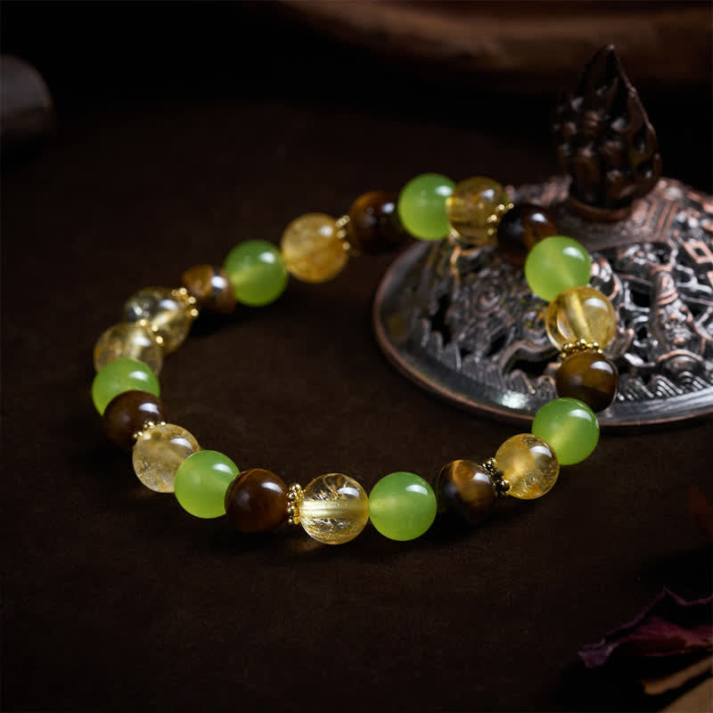 Buddha Stones Natural Citrine Tiger Eye Green Jade Prosperity Bracelet