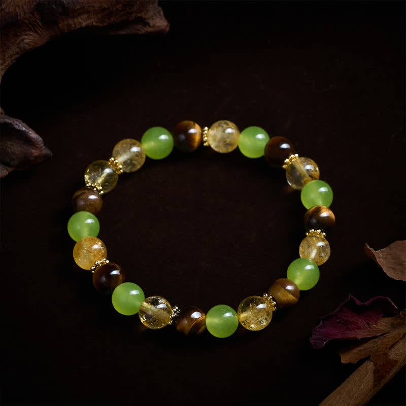 Buddha Stones Natural Citrine Tiger Eye Green Jade Prosperity Bracelet