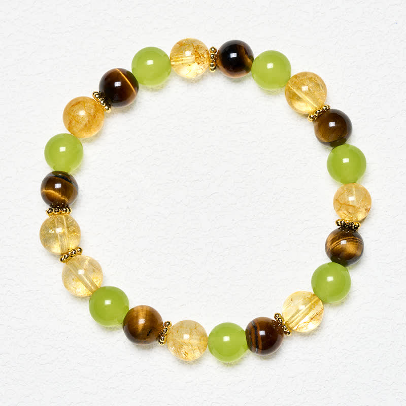 Buddha Stones Natural Citrine Tiger Eye Green Jade Prosperity Bracelet