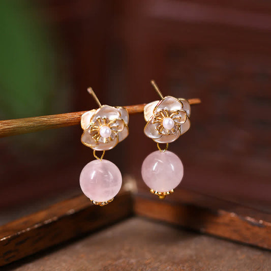 WORN WITHIN Rose Quartz Camellia Loving Energy Drop Earrings